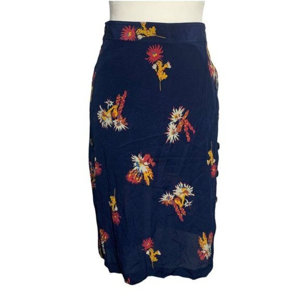 Madewell Silk Side Button Down Skirt S Blue Cactus Flower Lined Midi - Picture 3 of 6